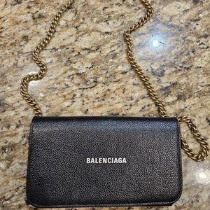 Black Balenciaga Grained Logo Bifold Wallet with Chain Strap